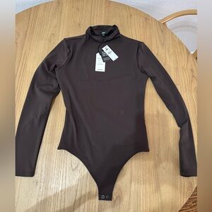 Brown Express Body Contour High Compression Mock Neck Long Sleeve Bodysuit Small